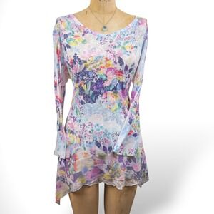 Y2K Womens XL Floral Burnout Top Long Sleeve Sheer Hankerchief Artsy Fairy Boho